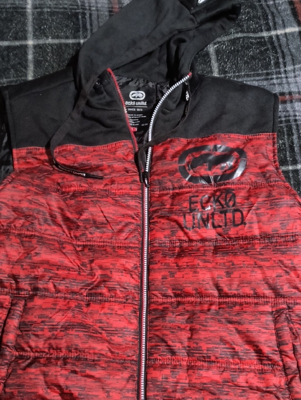 Echo Red and Black Puffer Jacket with Hood